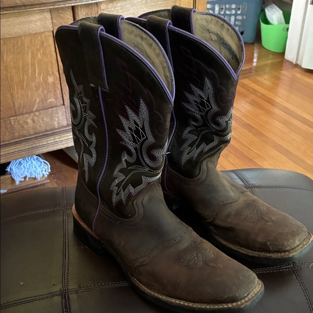 Double H Black and Brown Heeled Boots with Purple Accents